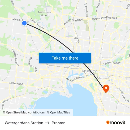 Watergardens Station to Prahran map