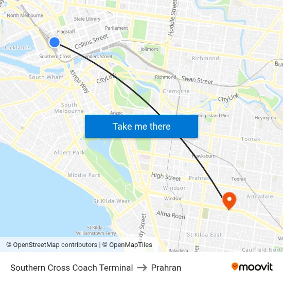 Southern Cross Coach Terminal to Prahran map