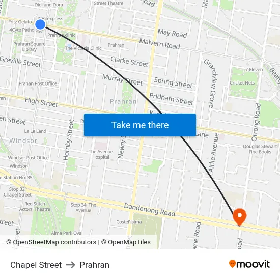 Chapel Street to Prahran map