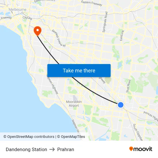 Dandenong Station to Prahran map