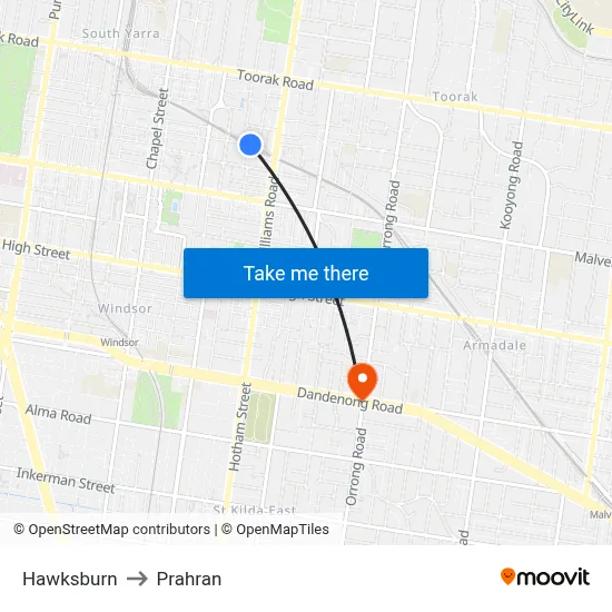 Hawksburn to Prahran map