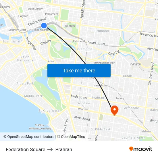 Federation Square to Prahran map