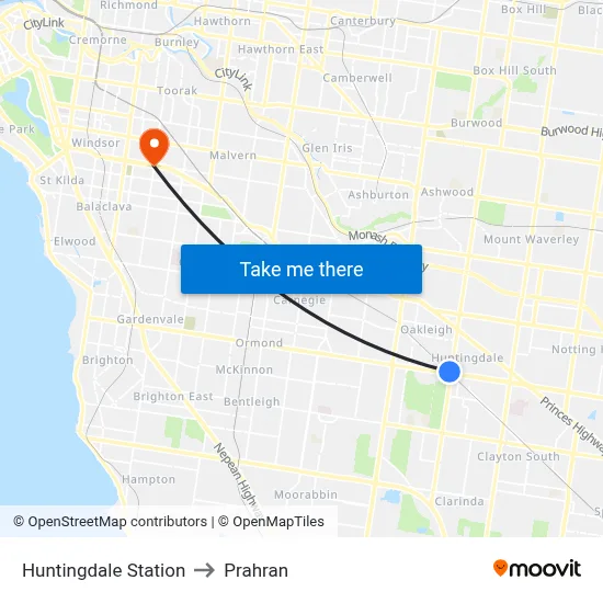 Huntingdale Station to Prahran map