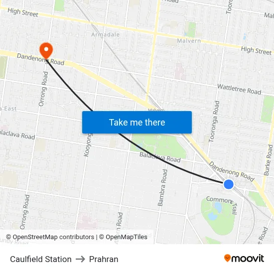 Caulfield Station to Prahran map