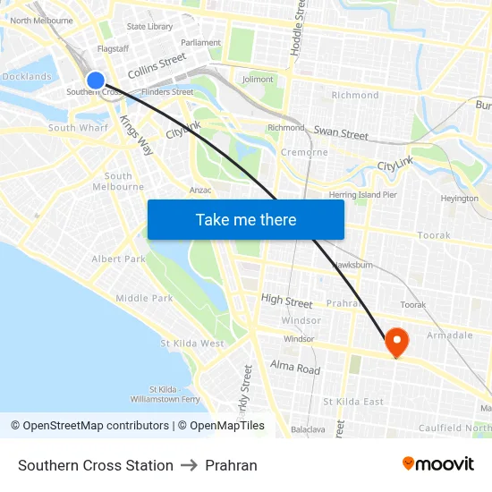 Southern Cross Station to Prahran map