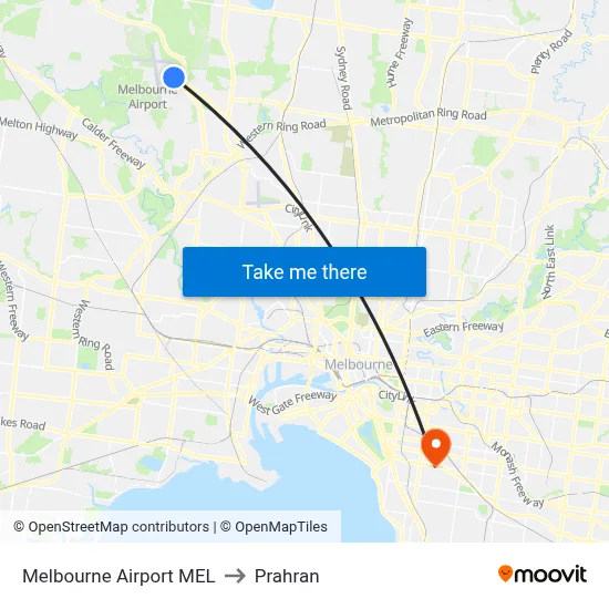 Melbourne Airport MEL to Prahran map