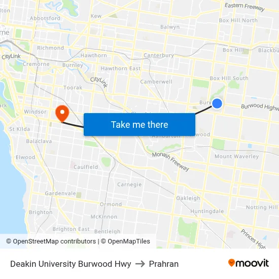 Deakin University Burwood Hwy to Prahran map