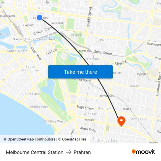 Melbourne Central Station to Prahran map