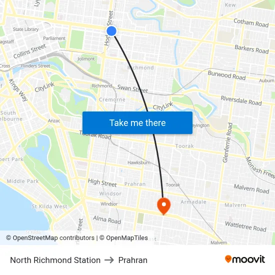 North Richmond Station to Prahran map