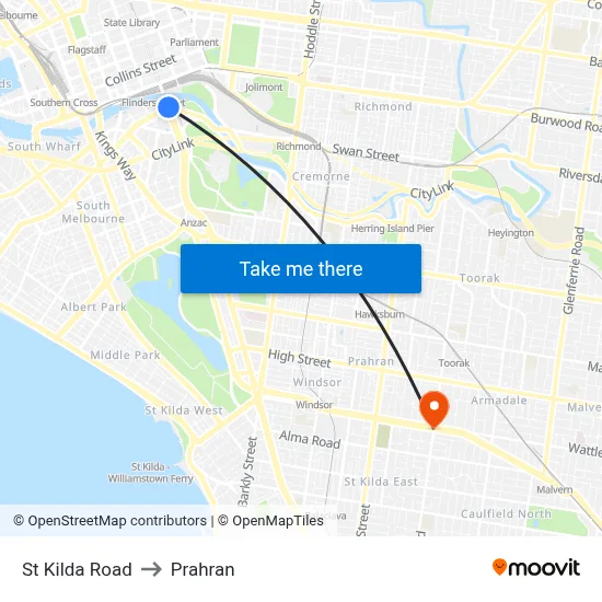 St Kilda Road to Prahran map