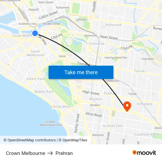 Crown Melbourne to Prahran map