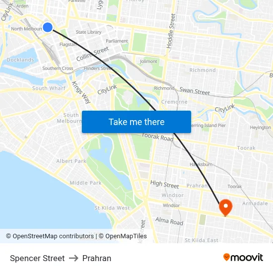 Spencer Street to Prahran map