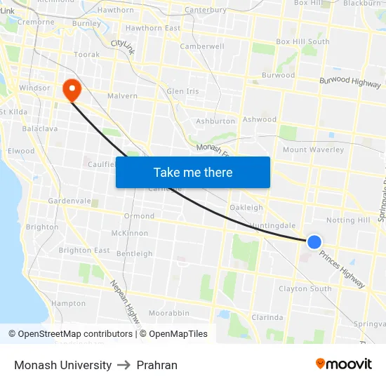 Monash University to Prahran map