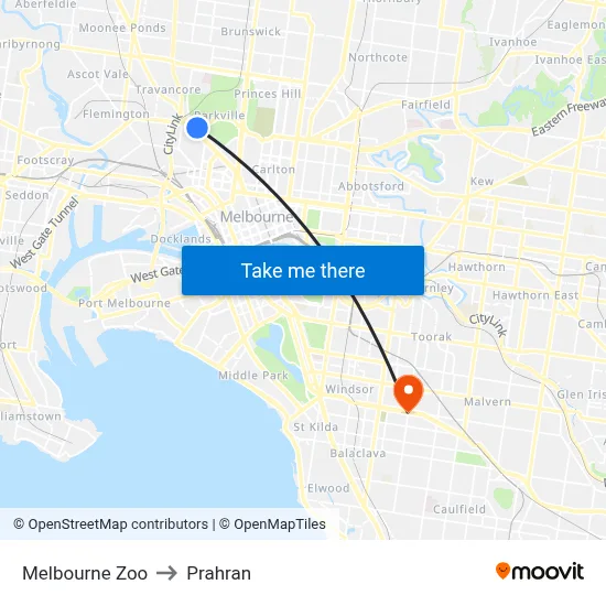 Melbourne Zoo to Prahran map