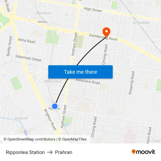 Ripponlea Station to Prahran map