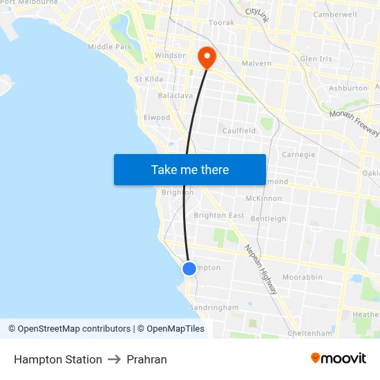 Hampton Station to Prahran map