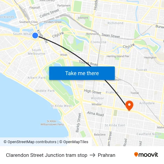 Clarendon Street Junction tram stop to Prahran map