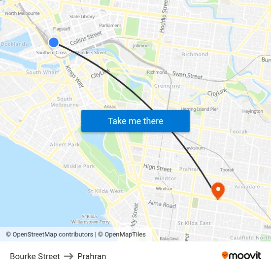 Bourke Street to Prahran map