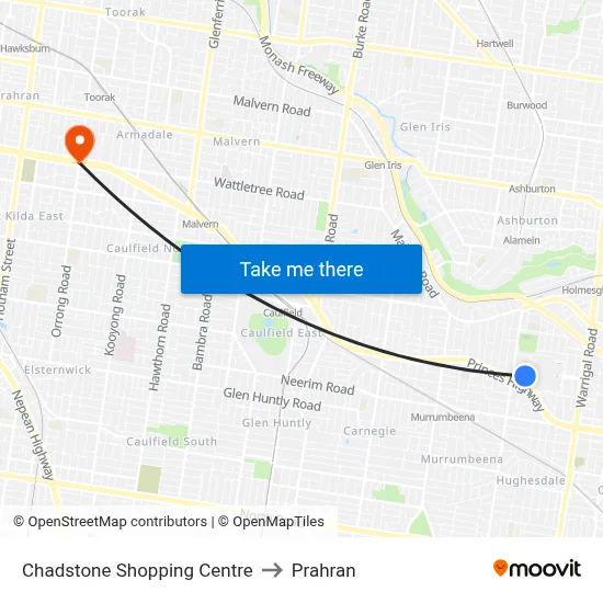 Chadstone Shopping Centre to Prahran map