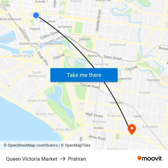 Queen Victoria Market to Prahran map