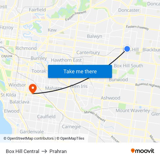 Box Hill Central to Prahran map