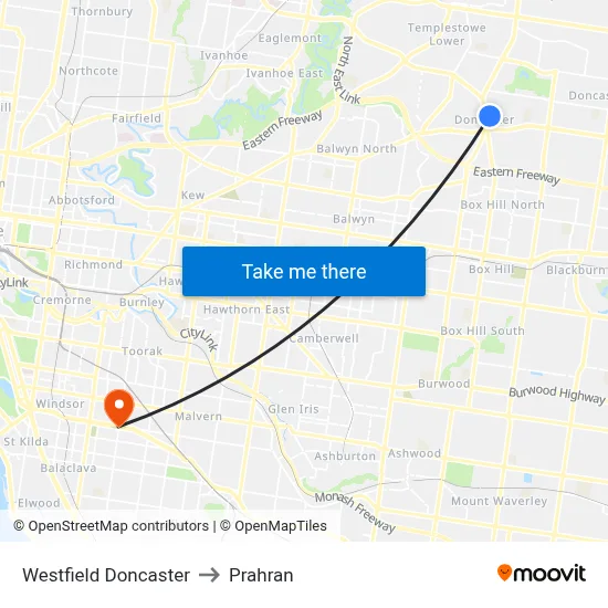 Westfield Doncaster to Prahran map