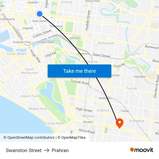 Swanston Street to Prahran map