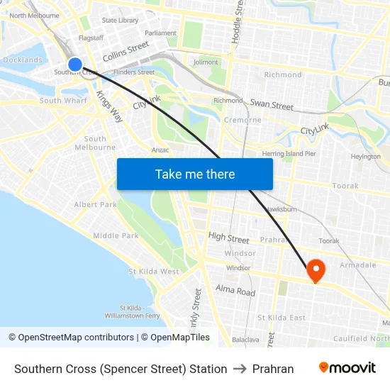 Southern Cross (Spencer Street) Station to Prahran map