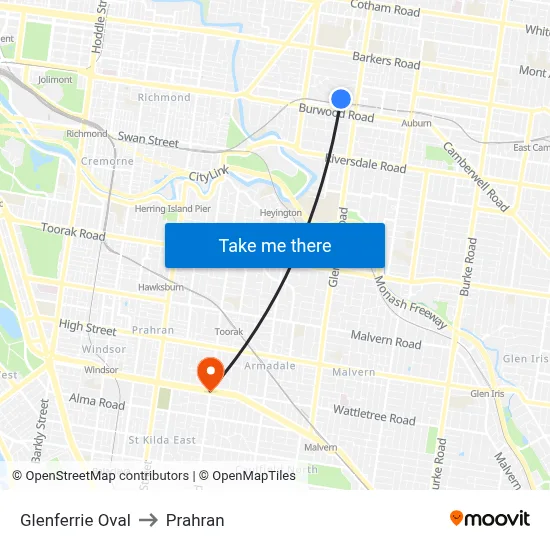 Glenferrie Oval to Prahran map