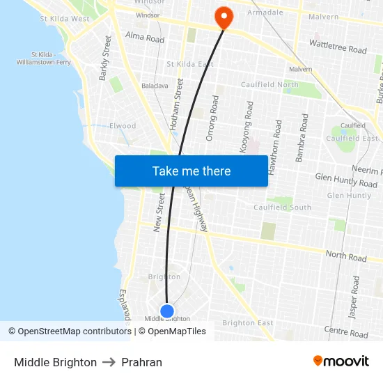 Middle Brighton to Prahran map