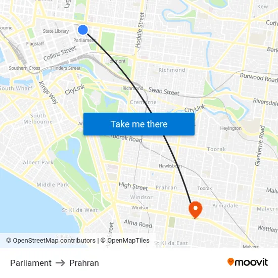 Parliament to Prahran map