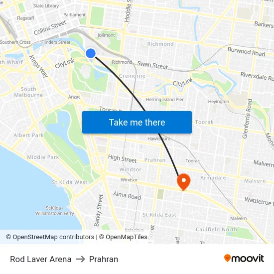 Rod Laver Arena to Prahran map
