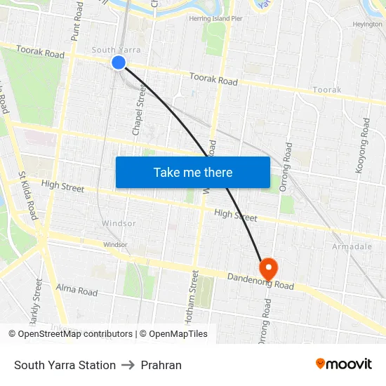 South Yarra Station to Prahran map