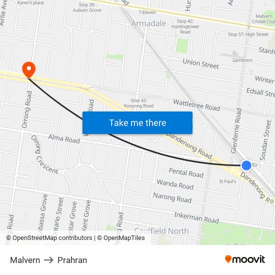 Malvern to Prahran map