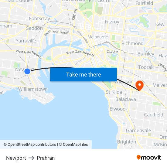 Newport to Prahran map