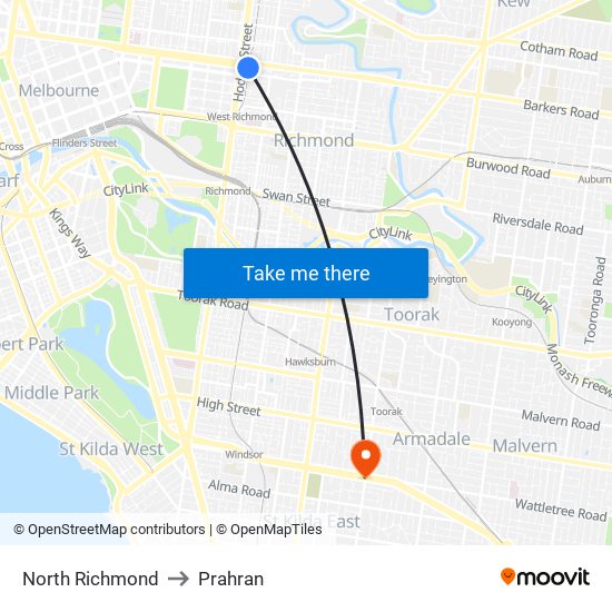 North Richmond to Prahran map