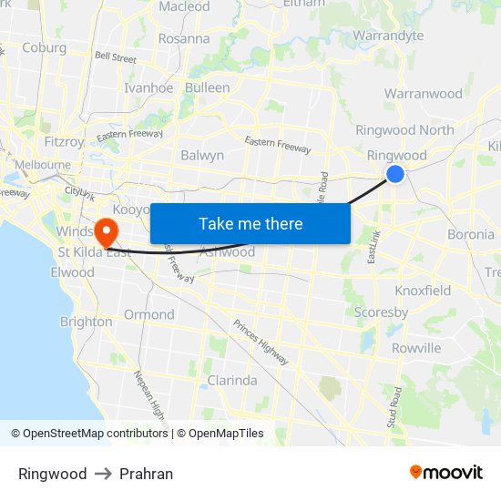 Ringwood to Prahran map