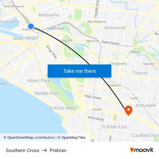 Southern Cross to Prahran map