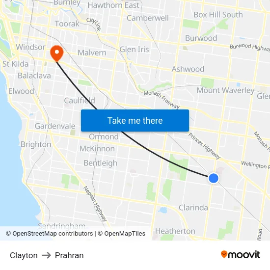 Clayton to Prahran map