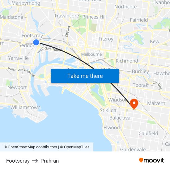 Footscray to Prahran map