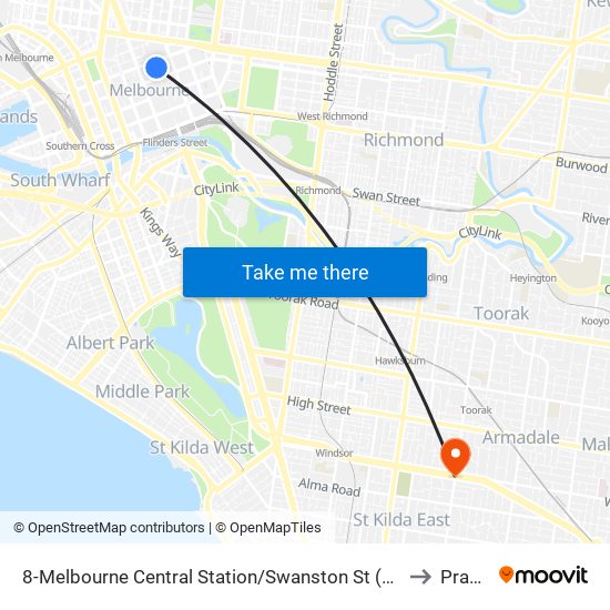 8-Melbourne Central Station/Swanston St (Melbourne City) to Prahran map