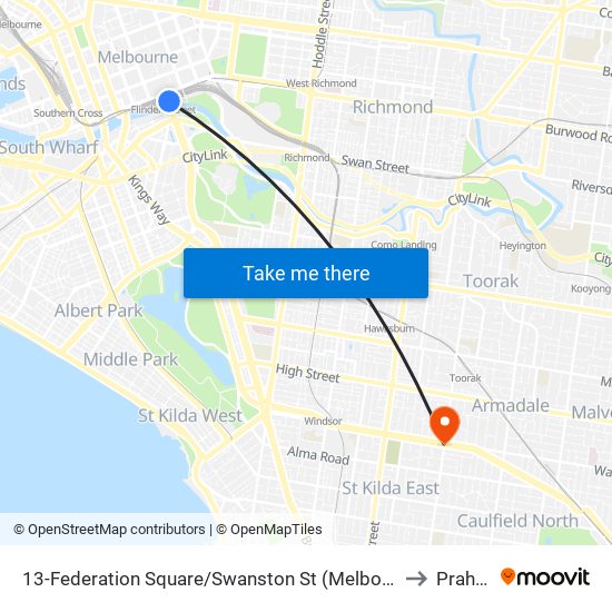 13-Federation Square/Swanston St (Melbourne City) to Prahran map