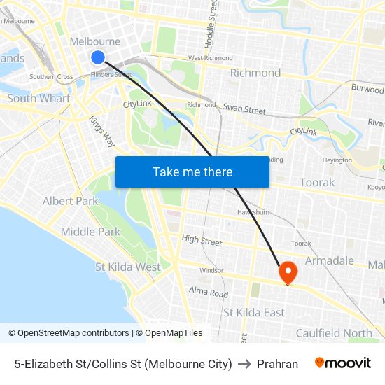 5-Elizabeth St/Collins St (Melbourne City) to Prahran map