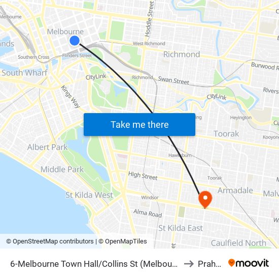 6-Melbourne Town Hall/Collins St (Melbourne City) to Prahran map