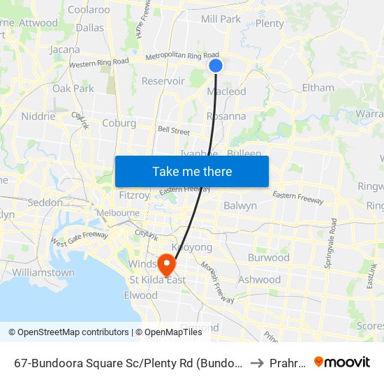 67-Bundoora Square Sc/Plenty Rd (Bundoora) to Prahran map