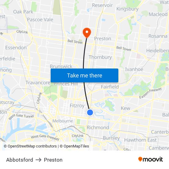 Abbotsford to Preston map