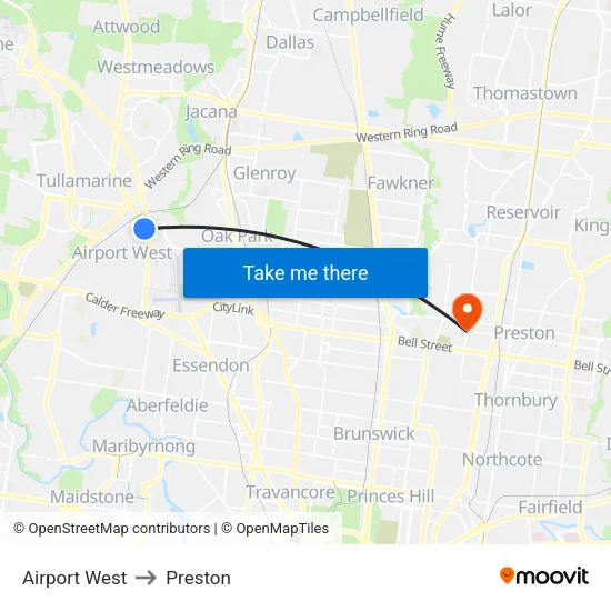 Airport West to Preston map