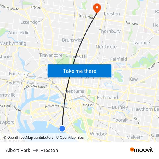 Albert Park to Preston map