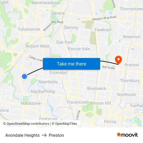 Avondale Heights to Preston map