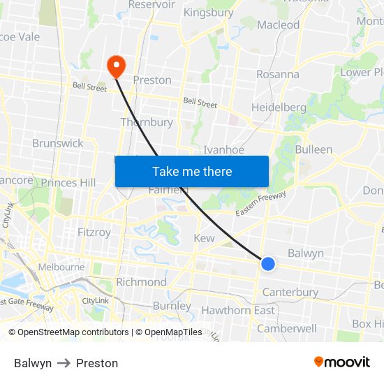 Balwyn to Preston map